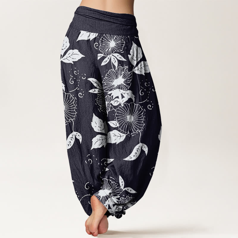 Buddha Stones Lässige Haremshose für Damen mit elastischer Taille und Blumen- und Blättermuster - image 3