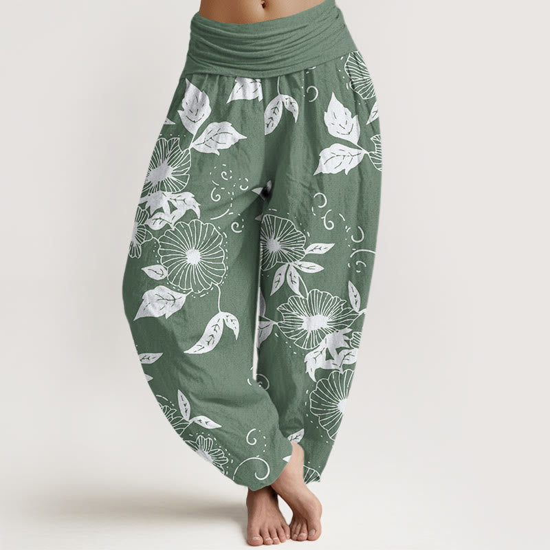 Buddha Stones Lässige Haremshose für Damen mit elastischer Taille und Blumen- und Blättermuster - DunkelMeergrün - US22， UK/AU26，EU54 (6XL) - image 5