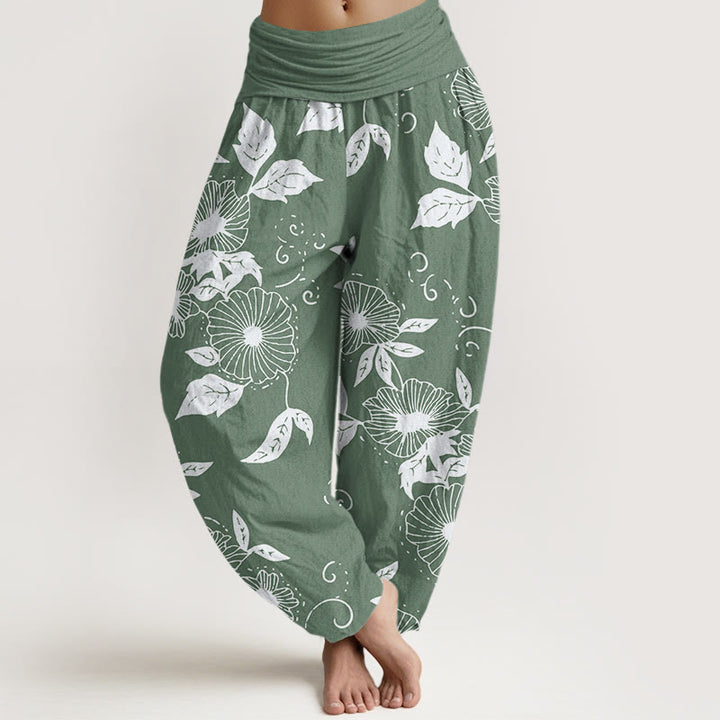 Buddha Stones Lässige Haremshose für Damen mit elastischer Taille und Blumen- und Blättermuster - DunkelMeergrün - US22， UK/AU26，EU54 (6XL) - image 5