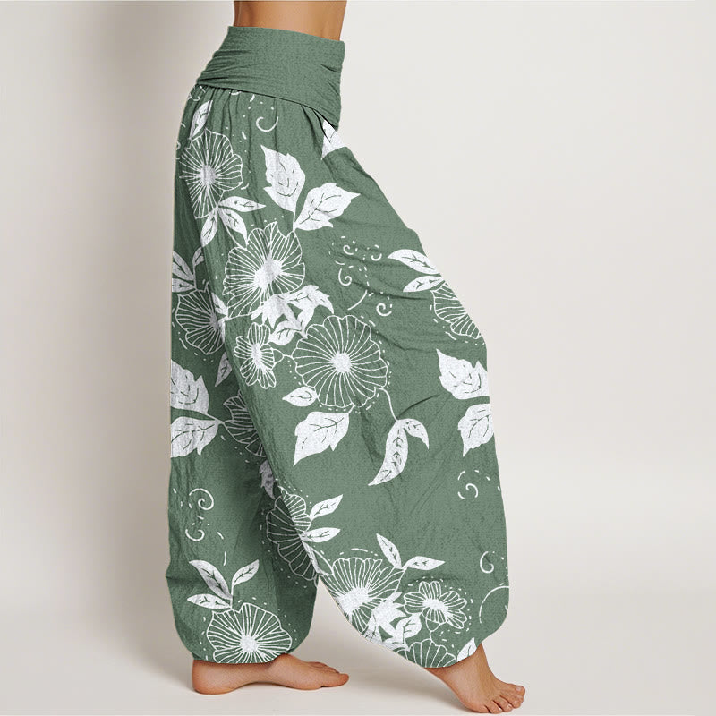 Buddha Stones Lässige Haremshose für Damen mit elastischer Taille und Blumen- und Blättermuster - image 7
