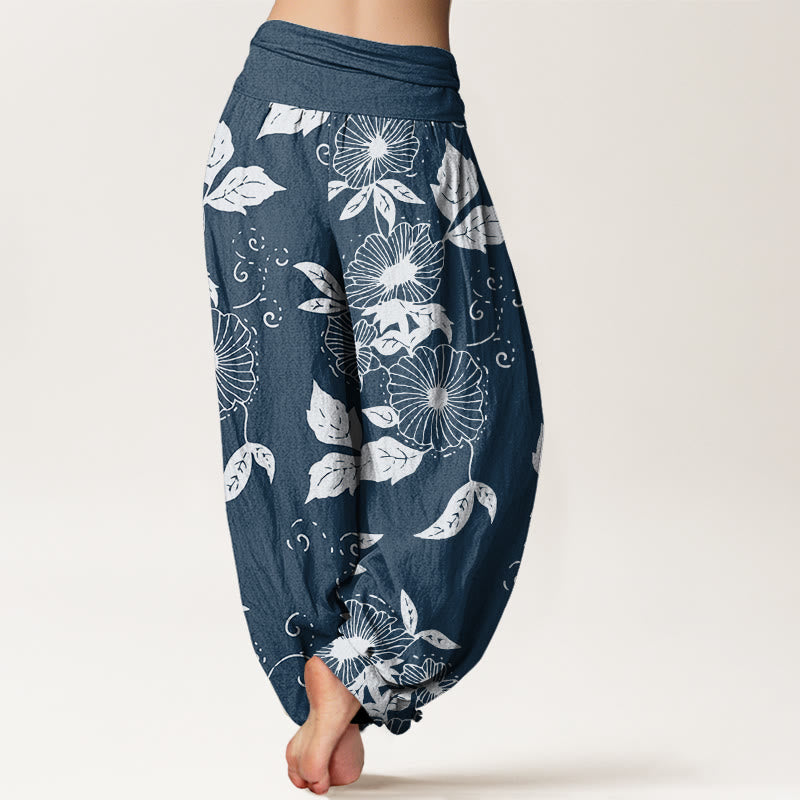 Buddha Stones Lässige Haremshose für Damen mit elastischer Taille und Blumen- und Blättermuster - image 10