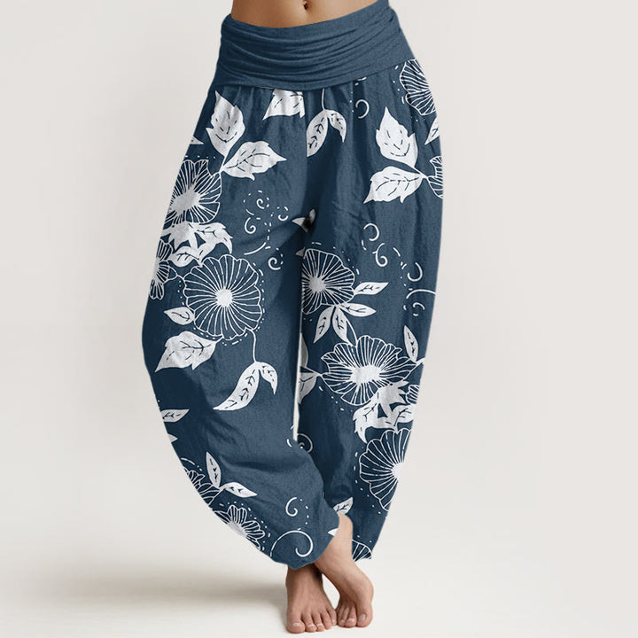 Buddha Stones Lässige Haremshose für Damen mit elastischer Taille und Blumen- und Blättermuster - Stahlblau - US22， UK/AU26，EU54 (6XL) - image 8