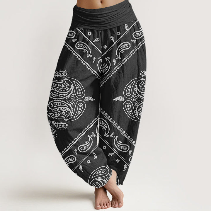 Buddha Stones Lässige Haremshose für Damen mit Blumen- und Blattmuster, Paisleymuster, elastischer Bund - Schwarz - US22， UK/AU26，EU54 (6XL) - image 1