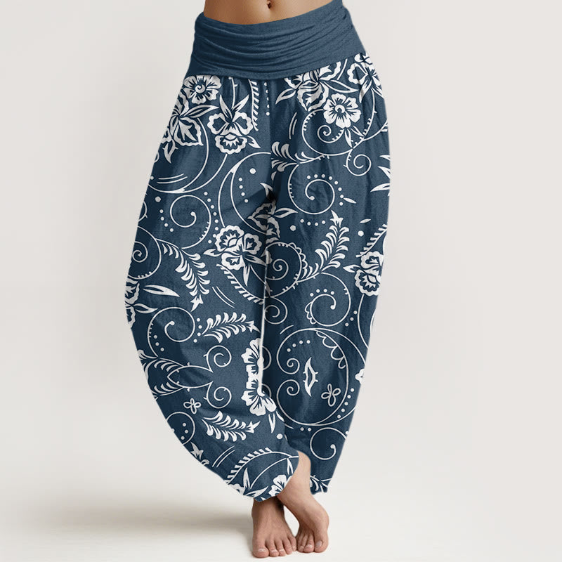 Buddha Stones Lässige Haremshose mit Blumenmuster und wirbelnden Ranken für Damen, elastische Taille - Dunkelblau - US22, UK/AU26, EU54 (6XL) - image 0