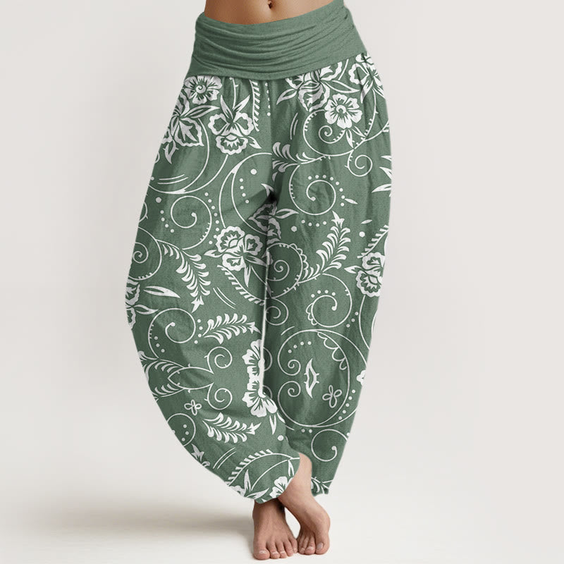 Buddha Stones Lässige Haremshose mit Blumenmuster und wirbelnden Ranken für Damen, elastische Taille - DunkelMeergrün - US22， UK/AU26，EU54 (6XL) - image 5