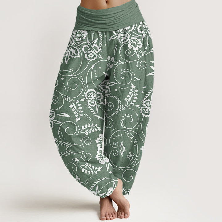 Buddha Stones Lässige Haremshose mit Blumenmuster und wirbelnden Ranken für Damen, elastische Taille - DunkelMeergrün - US22， UK/AU26，EU54 (6XL) - image 5