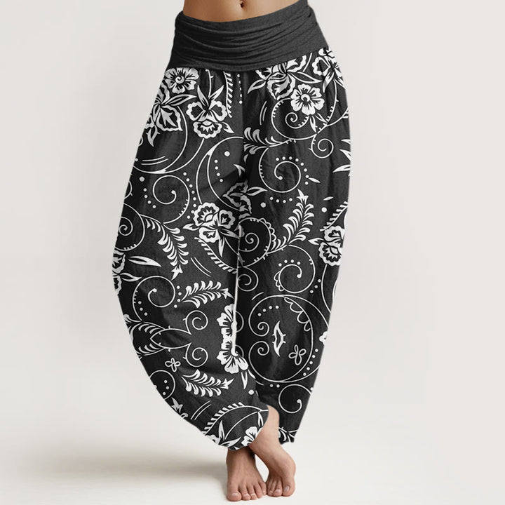 Buddha Stones Lässige Haremshose mit Blumenmuster und wirbelnden Ranken für Damen, elastische Taille - Schwarz - US22， UK/AU26，EU54 (6XL) - image 8