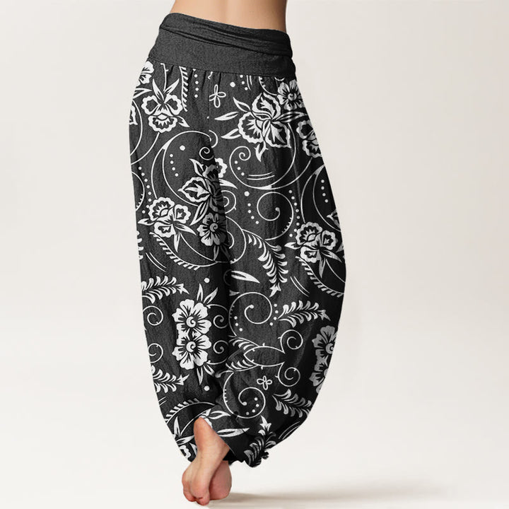 Buddha Stones Lässige Haremshose mit Blumenmuster und wirbelnden Ranken für Damen, elastische Taille - image 9