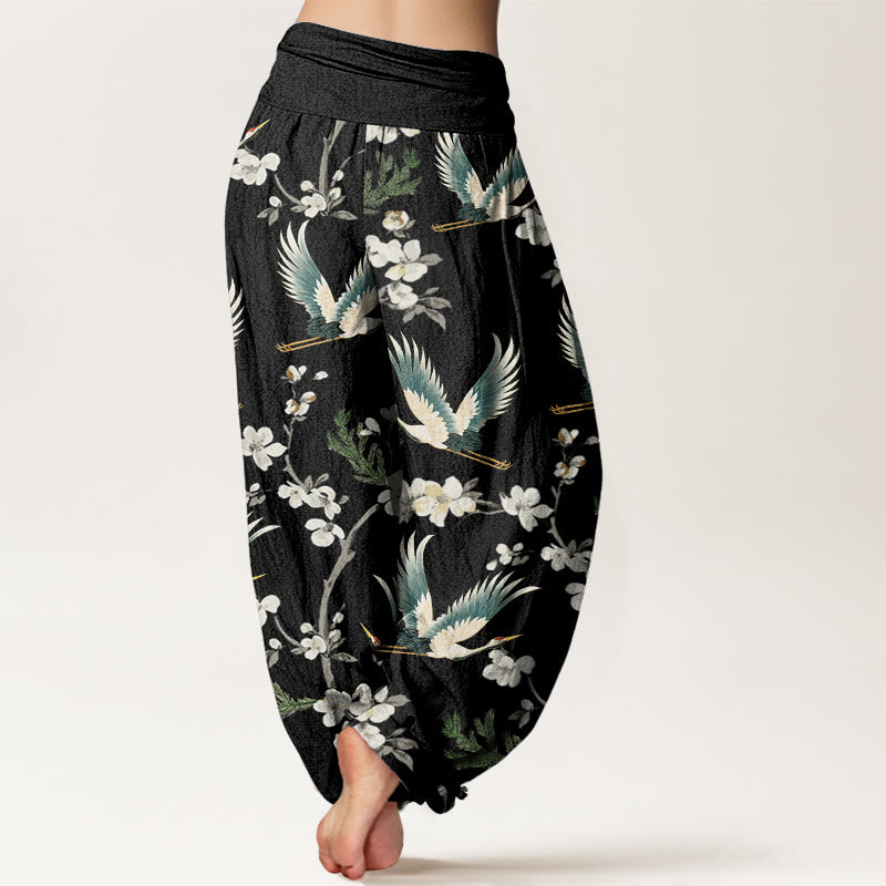 Buddha Stones Lässige Haremshose mit fliegendem Kranich-Blumenmuster für Damen, elastische Taille - image 3