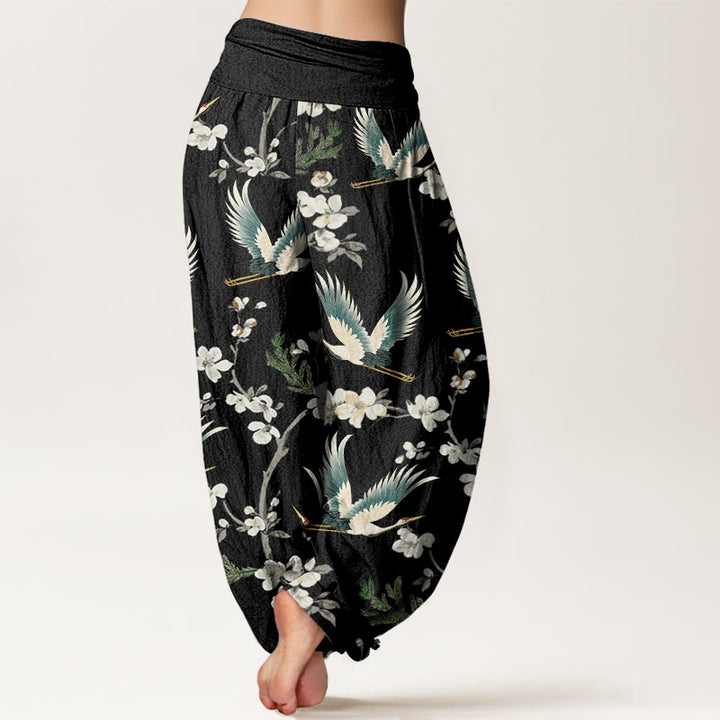 Buddha Stones Lässige Haremshose mit fliegendem Kranich-Blumenmuster für Damen, elastische Taille - image 3