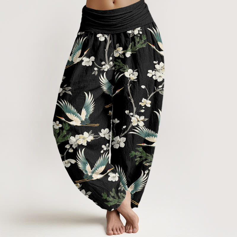Buddha Stones Lässige Haremshose mit fliegendem Kranich-Blumenmuster für Damen, elastische Taille - Schwarz - US22， UK/AU26，EU54 (6XL) - image 1