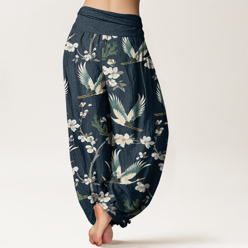 Buddha Stones Lässige Haremshose mit fliegendem Kranich-Blumenmuster für Damen, elastische Taille - image 7