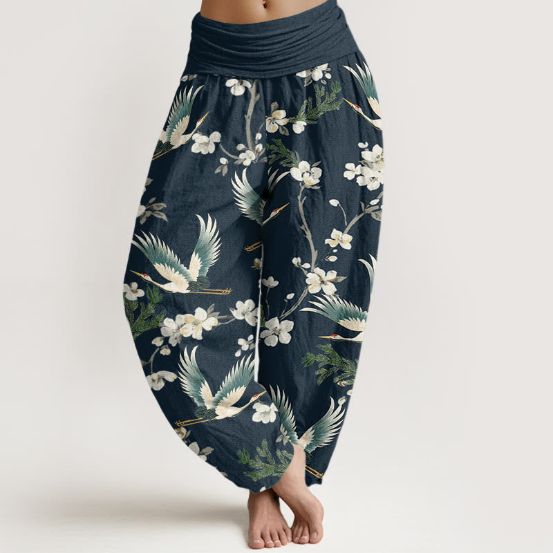 Buddha Stones Lässige Haremshose mit fliegendem Kranich-Blumenmuster für Damen, elastische Taille - Marine - US22， UK/AU26，EU54 (6XL) - image 5