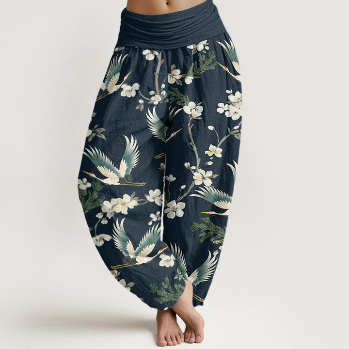 Buddha Stones Lässige Haremshose mit fliegendem Kranich-Blumenmuster für Damen, elastische Taille - Marine - US22， UK/AU26，EU54 (6XL) - image 5