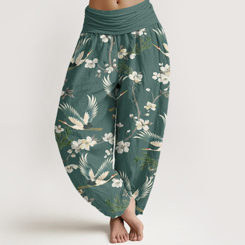 Buddha Stones Lässige Haremshose mit fliegendem Kranich-Blumenmuster für Damen, elastische Taille - MittelAquamarin - US22， UK/AU26，EU54 (6XL) - image 8