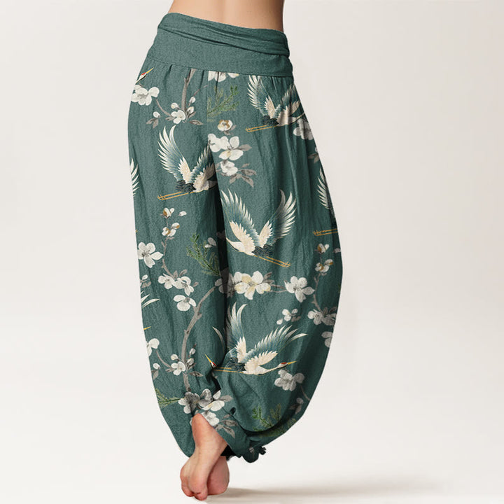 Buddha Stones Lässige Haremshose mit fliegendem Kranich-Blumenmuster für Damen, elastische Taille - image 10