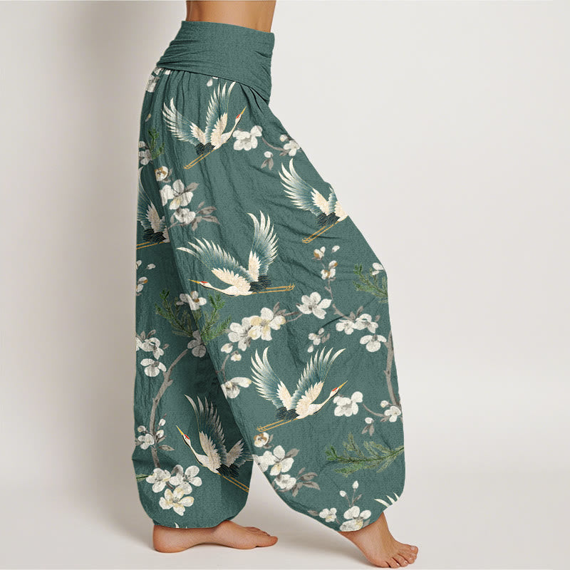 Buddha Stones Lässige Haremshose mit fliegendem Kranich-Blumenmuster für Damen, elastische Taille - image 9