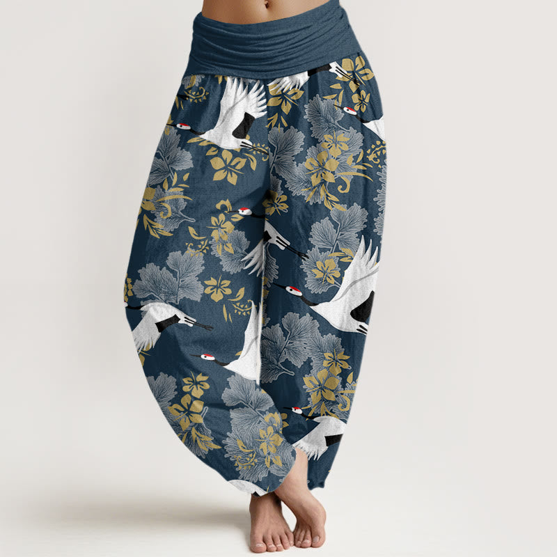 Lässige Haremshose mit Buddha Stones und fliegendem Kranich-Kirschblüten-Muster für Damen, elastische Taille - Stahlblau - US22， UK/AU26，EU54 (6XL) - image 5