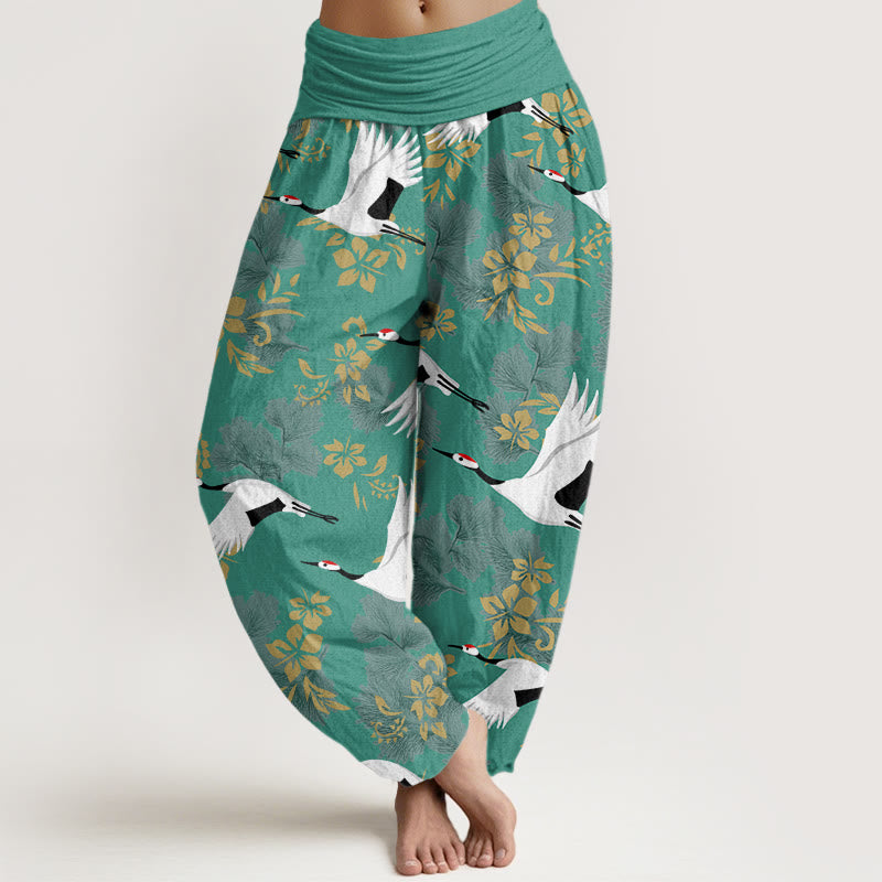 Lässige Haremshose mit Buddha Stones und fliegendem Kranich-Kirschblüten-Muster für Damen, elastische Taille - HellMeerGrün - US22， UK/AU26，EU54 (6XL) - image 8