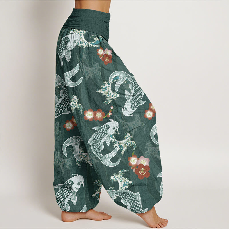 Buddha Stones Lässige Haremshose mit Koi-Fisch-Kirschblüten-Muster für Damen, elastische Taille - image 2