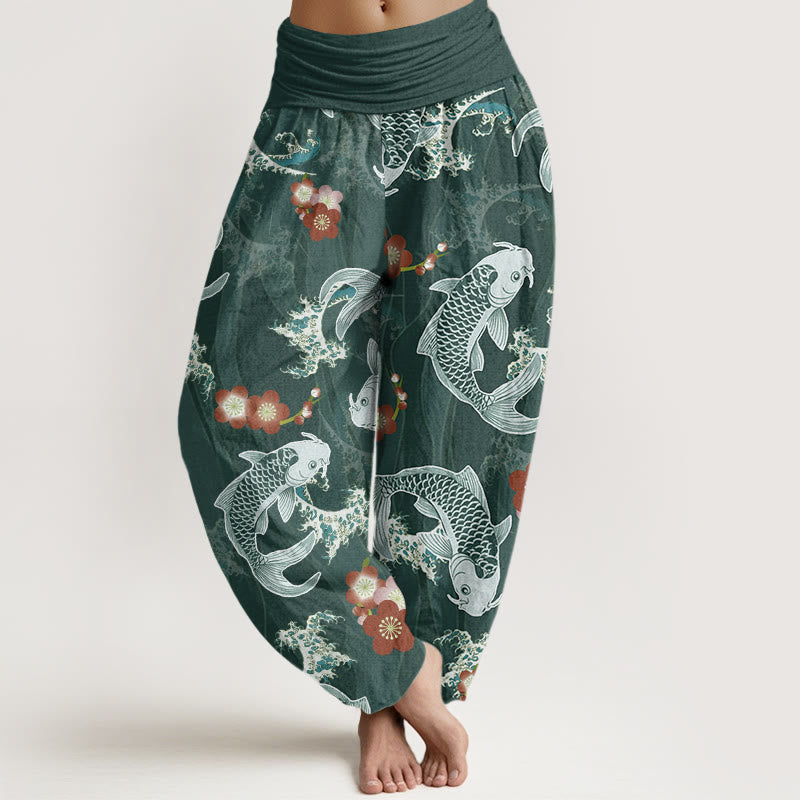 Buddha Stones Lässige Haremshose mit Koi-Fisch-Kirschblüten-Muster für Damen, elastische Taille - DunkelCyan - US22， UK/AU26，EU54 (6XL) - image 1