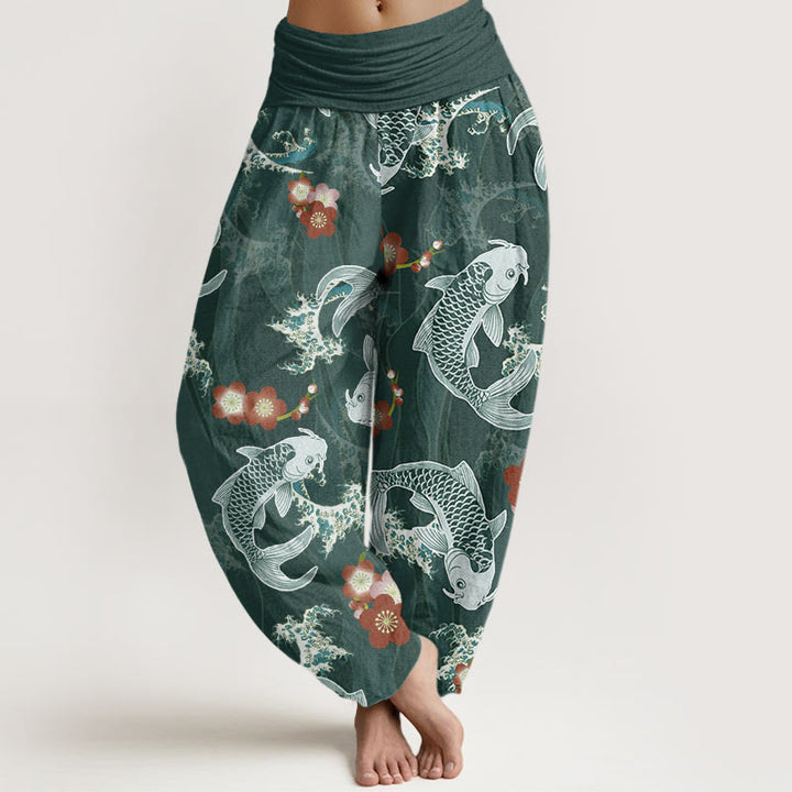 Buddha Stones Lässige Haremshose mit Koi-Fisch-Kirschblüten-Muster für Damen, elastische Taille - DunkelCyan - US22， UK/AU26，EU54 (6XL) - image 1