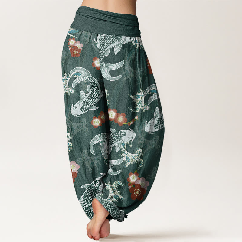 Buddha Stones Lässige Haremshose mit Koi-Fisch-Kirschblüten-Muster für Damen, elastische Taille - image 3