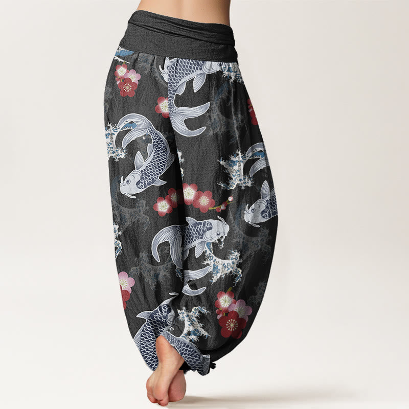 Buddha Stones Lässige Haremshose mit Koi-Fisch-Kirschblüten-Muster für Damen, elastische Taille - image 7