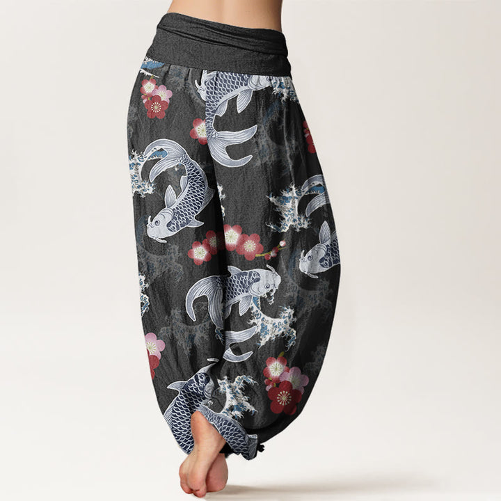 Buddha Stones Lässige Haremshose mit Koi-Fisch-Kirschblüten-Muster für Damen, elastische Taille - image 7