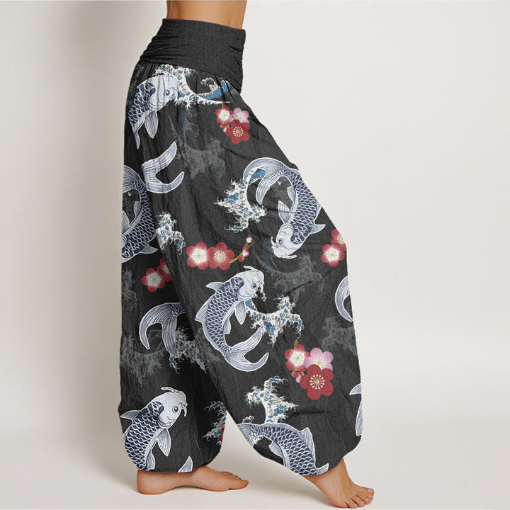 Buddha Stones Lässige Haremshose mit Koi-Fisch-Kirschblüten-Muster für Damen, elastische Taille - image 6
