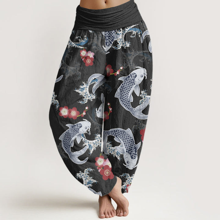 Buddha Stones Lässige Haremshose mit Koi-Fisch-Kirschblüten-Muster für Damen, elastische Taille - Schwarz - US22， UK/AU26，EU54 (6XL) - image 5