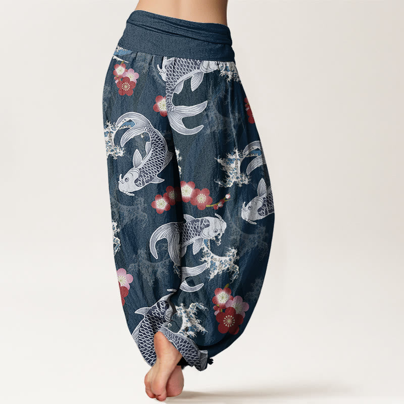 Buddha Stones Lässige Haremshose mit Koi-Fisch-Kirschblüten-Muster für Damen, elastische Taille - image 10