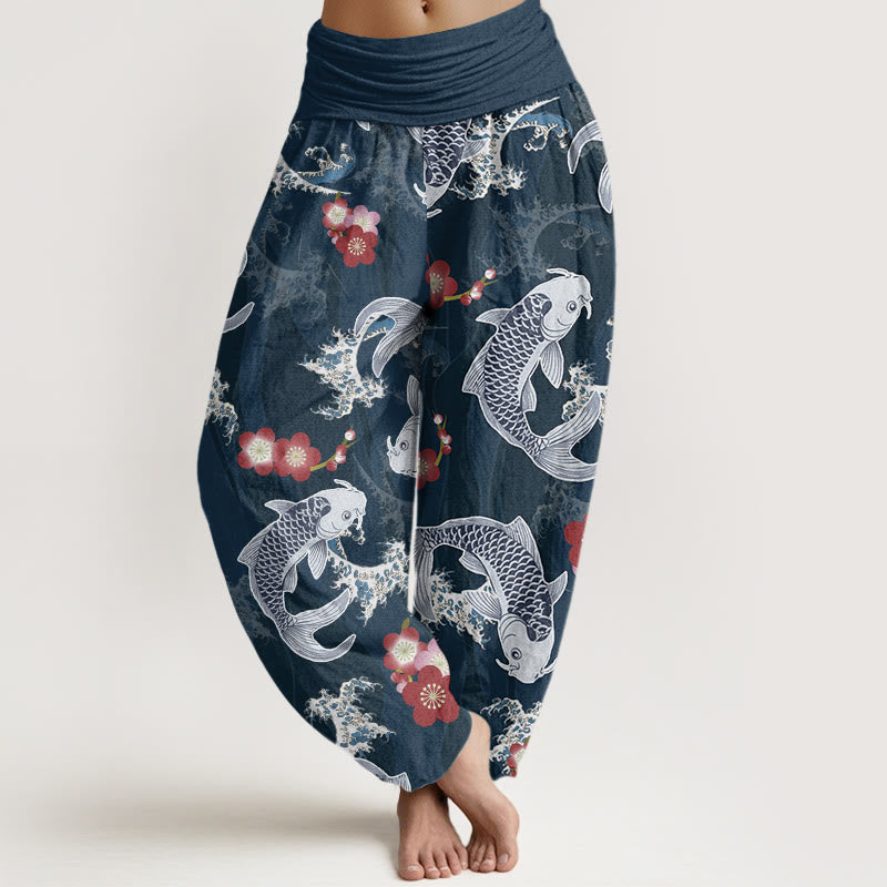 Buddha Stones Lässige Haremshose mit Koi-Fisch-Kirschblüten-Muster für Damen, elastische Taille - Stahlblau - US22， UK/AU26，EU54 (6XL) - image 8