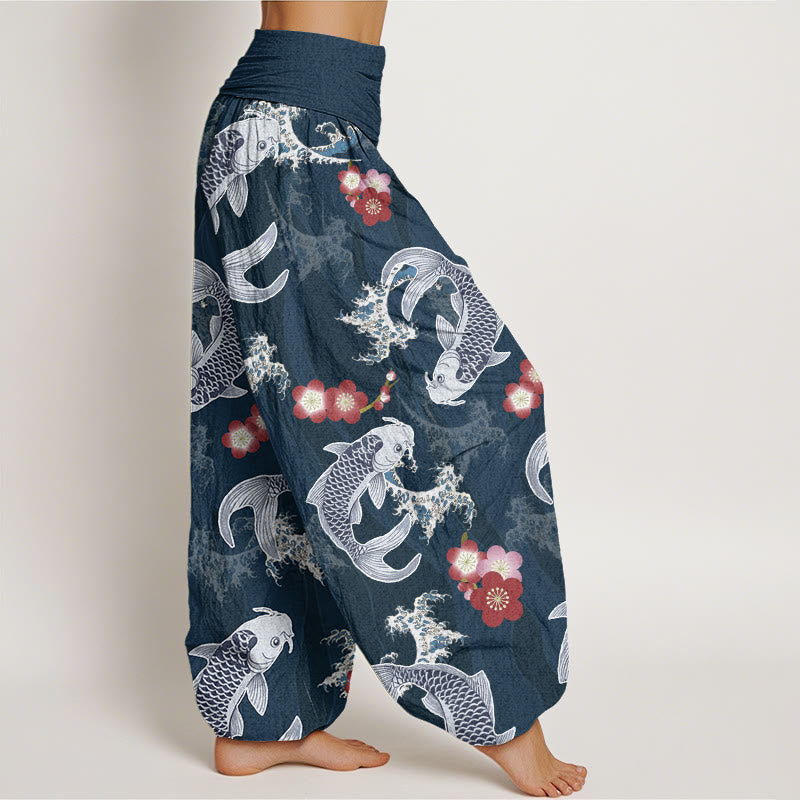 Buddha Stones Lässige Haremshose mit Koi-Fisch-Kirschblüten-Muster für Damen, elastische Taille - image 9