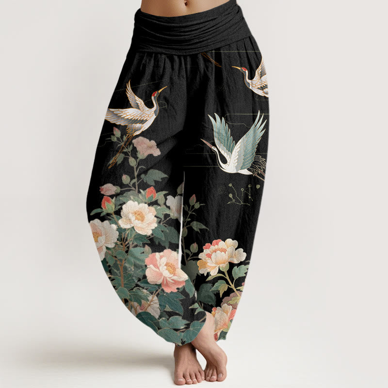 Buddha Stones Lässige Haremshose mit Kranich-Pfingstrosen-Muster für Damen, elastische Taille - Schwarz - US22， UK/AU26，EU54 (6XL) - image 1
