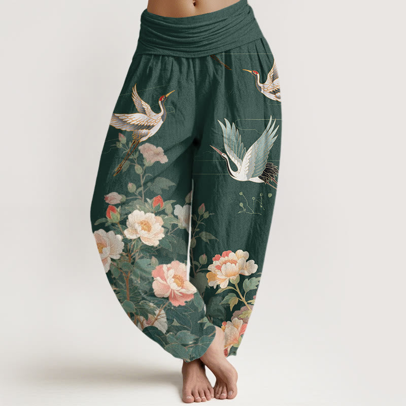 Buddha Stones Lässige Haremshose mit Kranich-Pfingstrosen-Muster für Damen, elastische Taille - Dunkelgrün - US22， UK/AU26，EU54 (6XL) - image 5