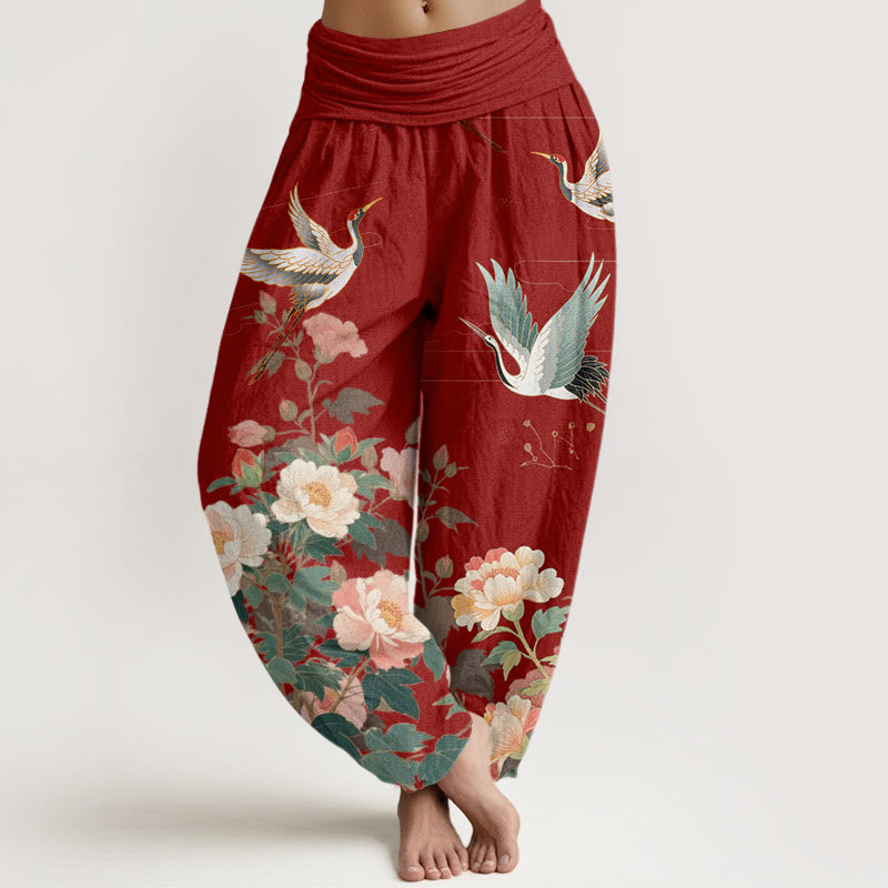 Buddha Stones Lässige Haremshose mit Kranich-Pfingstrosen-Muster für Damen, elastische Taille - Schamottestein - US22， UK/AU26，EU54 (6XL) - image 8