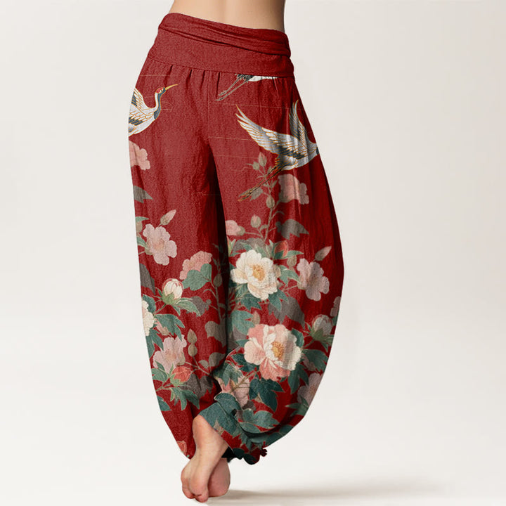 Buddha Stones Lässige Haremshose mit Kranich-Pfingstrosen-Muster für Damen, elastische Taille - image 10