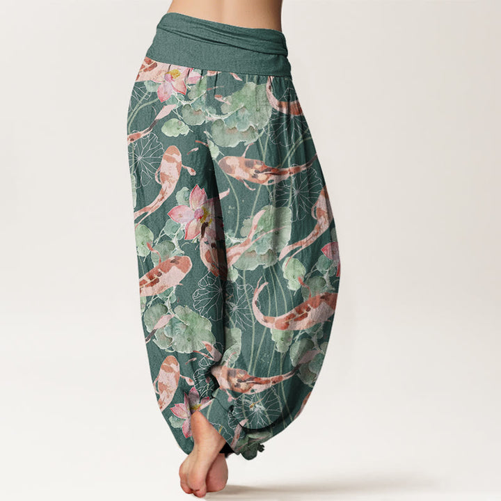 Buddha Stones Lässige Haremshose mit Koi-Fisch-Lotus-Muster für Damen, elastische Taille - image 3