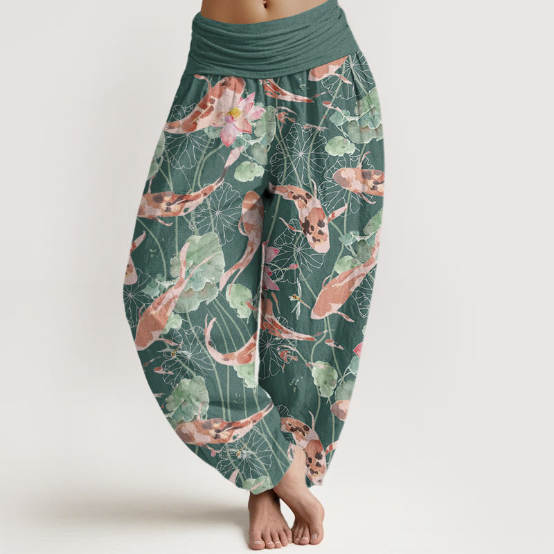 Buddha Stones Lässige Haremshose mit Koi-Fisch-Lotus-Muster für Damen, elastische Taille - CadetBlue - US22， UK/AU26，EU54 (6XL) - image 1