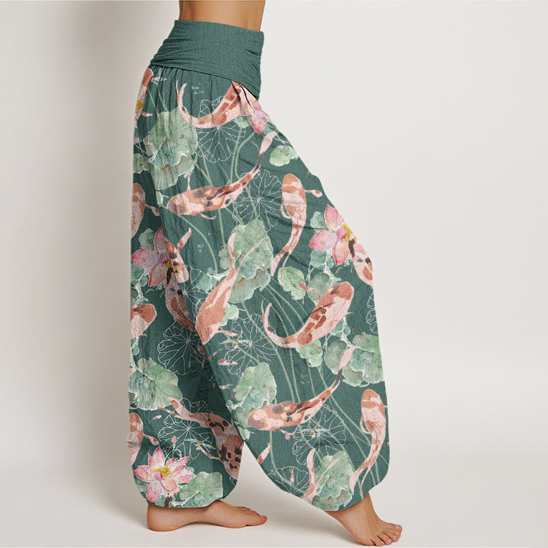 Buddha Stones Lässige Haremshose mit Koi-Fisch-Lotus-Muster für Damen, elastische Taille - image 2