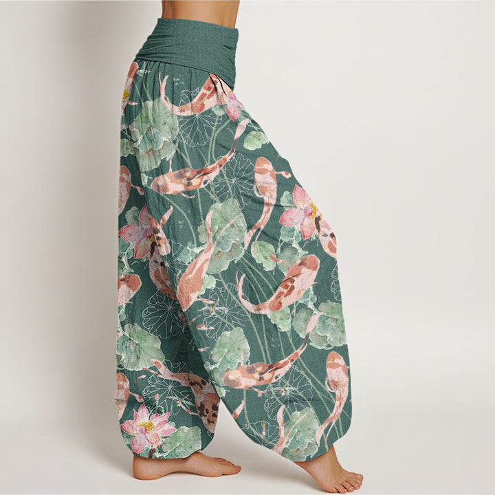 Buddha Stones Lässige Haremshose mit Koi-Fisch-Lotus-Muster für Damen, elastische Taille - image 2
