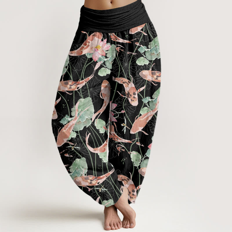 Buddha Stones Lässige Haremshose mit Koi-Fisch-Lotus-Muster für Damen, elastische Taille - Schwarz - US22， UK/AU26，EU54 (6XL) - image 5
