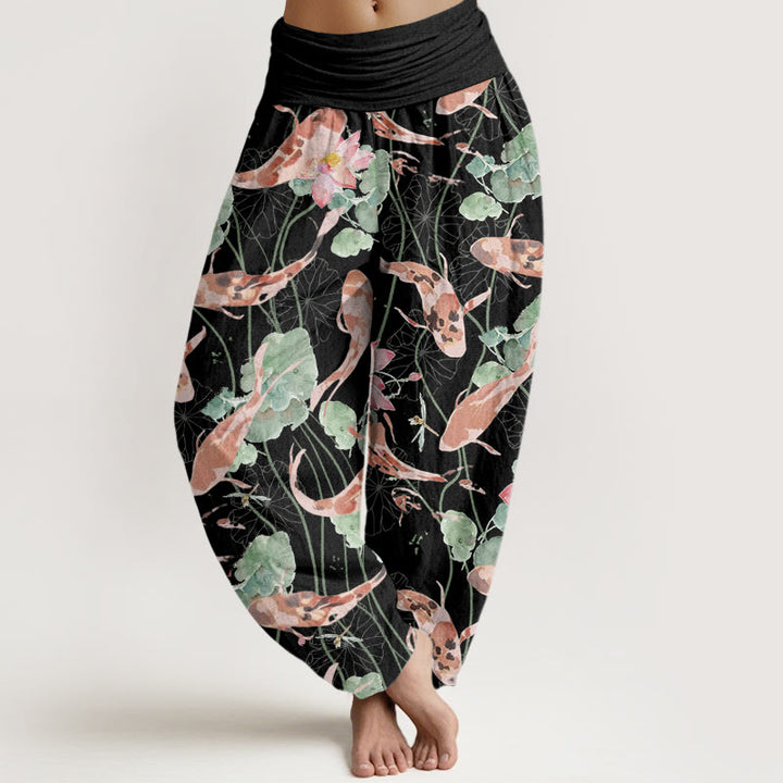 Buddha Stones Lässige Haremshose mit Koi-Fisch-Lotus-Muster für Damen, elastische Taille - Schwarz - US22， UK/AU26，EU54 (6XL) - image 5