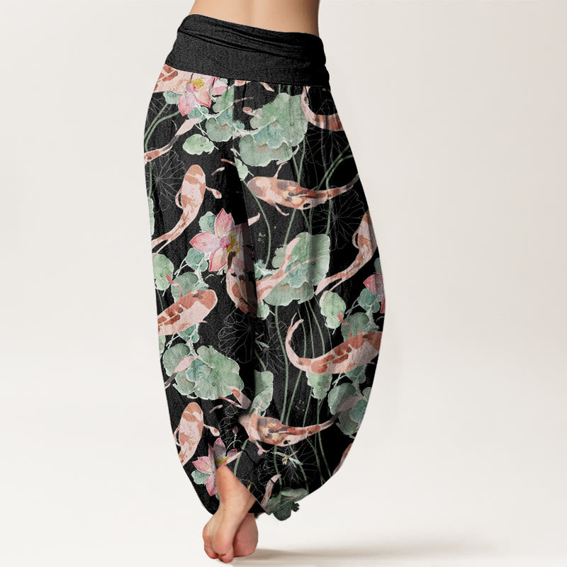Buddha Stones Lässige Haremshose mit Koi-Fisch-Lotus-Muster für Damen, elastische Taille - image 7