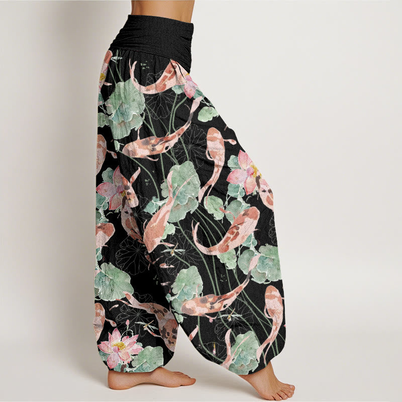 Buddha Stones Lässige Haremshose mit Koi-Fisch-Lotus-Muster für Damen, elastische Taille - image 6