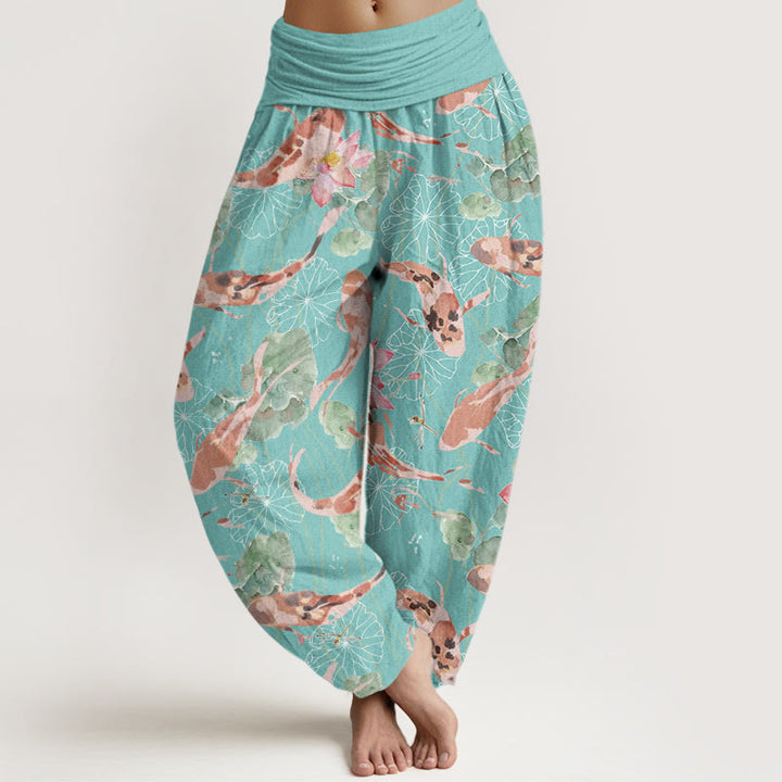 Buddha Stones Lässige Haremshose mit Koi-Fisch-Lotus-Muster für Damen, elastische Taille - Mitteltürkis - US22， UK/AU26，EU54 (6XL) - image 8