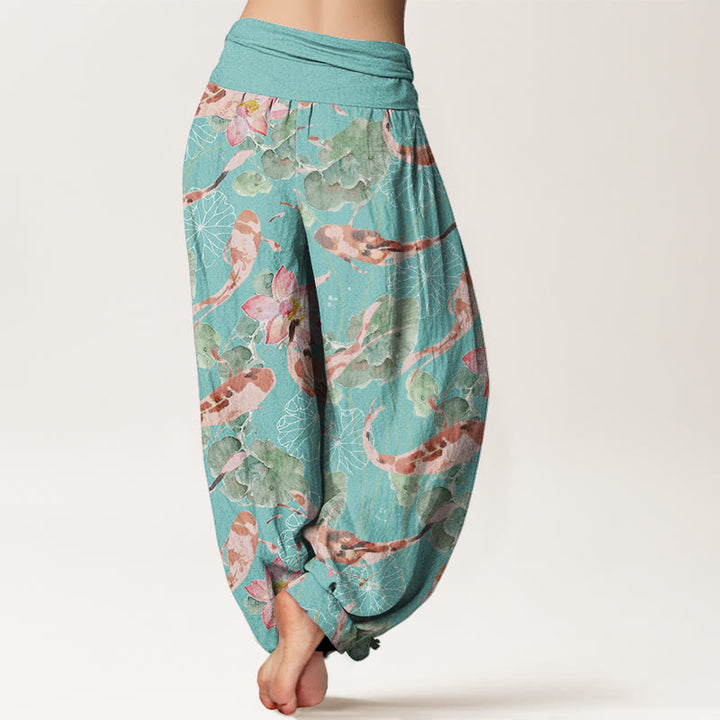 Buddha Stones Lässige Haremshose mit Koi-Fisch-Lotus-Muster für Damen, elastische Taille - image 10