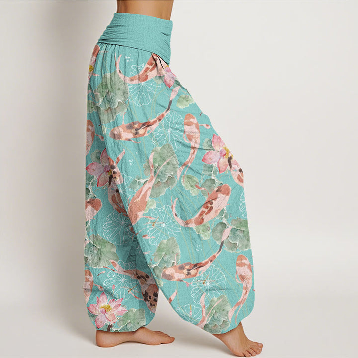 Buddha Stones Lässige Haremshose mit Koi-Fisch-Lotus-Muster für Damen, elastische Taille - image 9