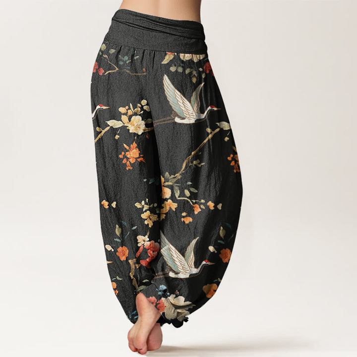 Buddha Stones Lässige Haremshose für Damen mit elastischer Taille und Kranich-Blumenzweig-Muster - image 3